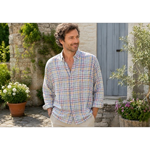 Peter Millar Other - Peter Millar XXL Crown Sport  100% Linen  Hammer Mock Plaid Sport Shirt Pastel